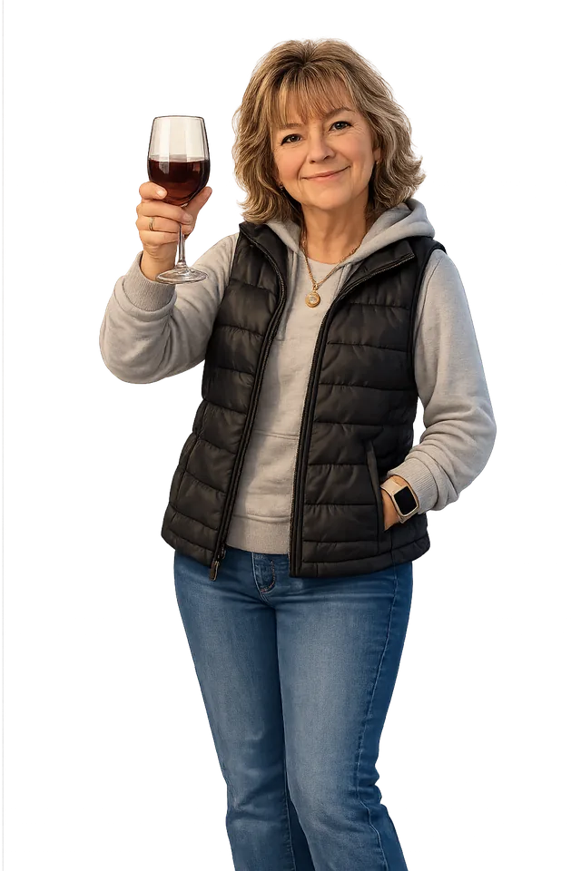 Sigrun Mulligan, smiling and raising a glass of red wine.